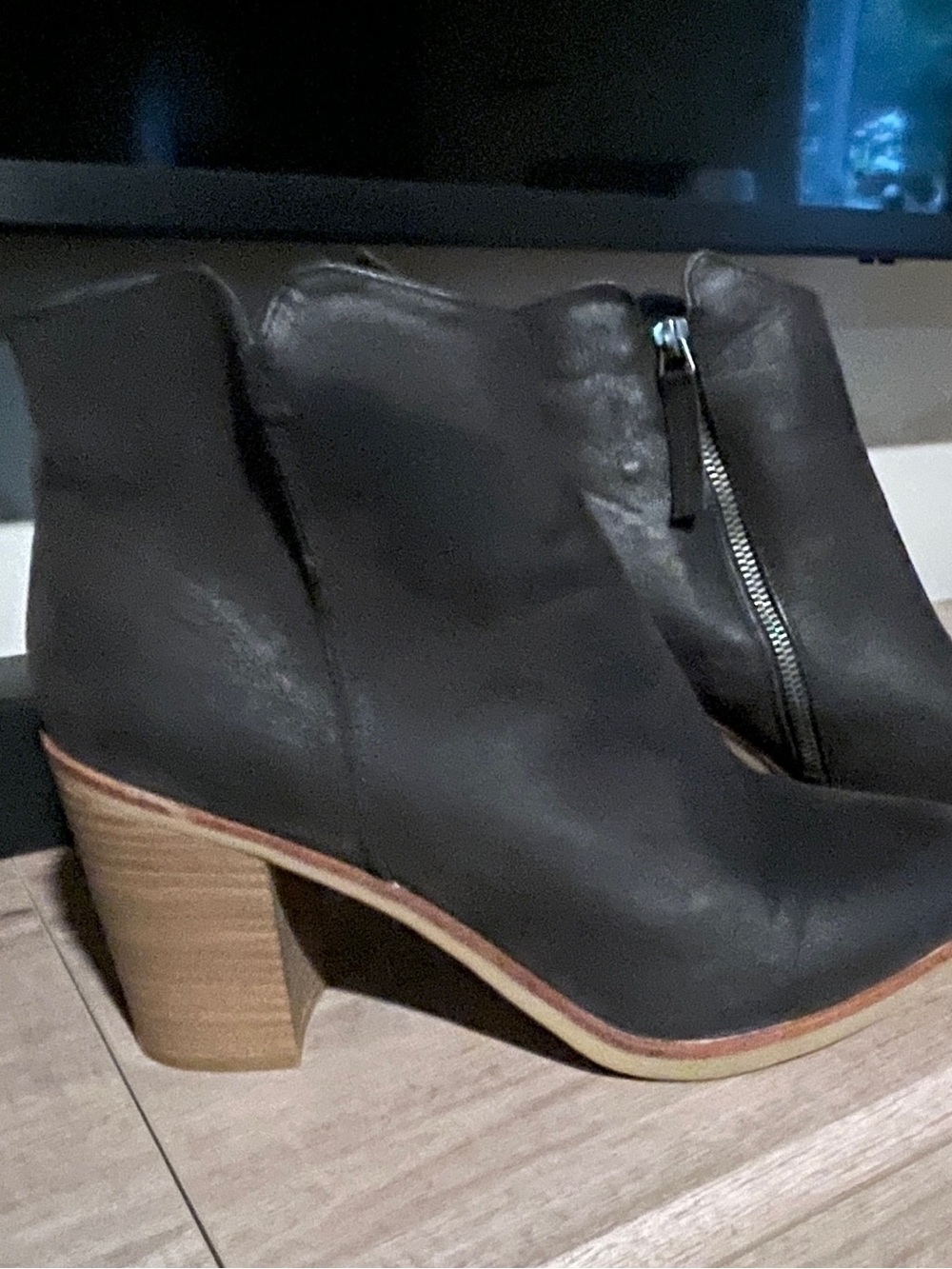 MIA Black Leather Ankle Booties with Stacked Wood Heel